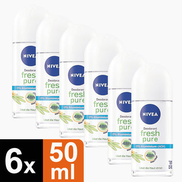Sechs NIVEA Deodorantflaschen fresh pure mit 48h Schrift und 0 % Aluminium je 50 ml